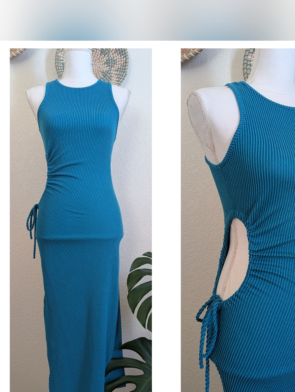 Wide Rib Cut Out Blue Maxi Dress with Adjustable Side Ruched Ties Small